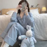 Women's Ribbed Button Front Long Sleeve Pyjama Set - Image 2