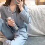 Women's Ribbed Button Front Long Sleeve Pyjama Set - Image 3
