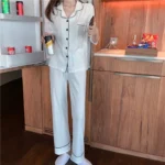Women's Ribbed Button Front Long Sleeve Pyjama Set - Image 5