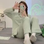 Women's Ribbed Button Front Long Sleeve Pyjama Set - Image 6