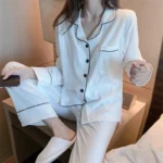 Women's Ribbed Button Front Long Sleeve Pyjama Set