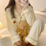 Women's Pastel Bear Motif Ribbed Pyjama Set - Image 2