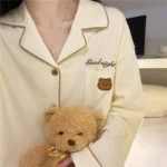 Women's Pastel Bear Motif Ribbed Pyjama Set - Image 3