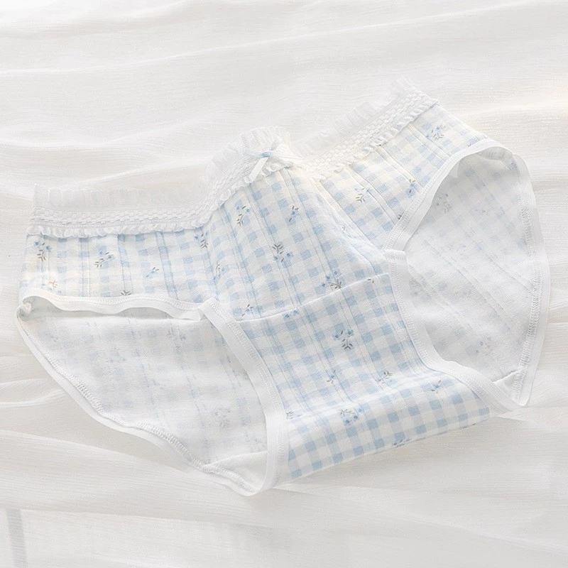 CAI-V13-S1 Blue Gingham Ruffle Trim Everyday Underwear Briefs - Image 1