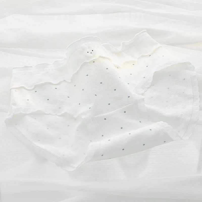 CAI-V17-S1 White Dotted Scalloped Edge Button Detail Briefs - Image 1