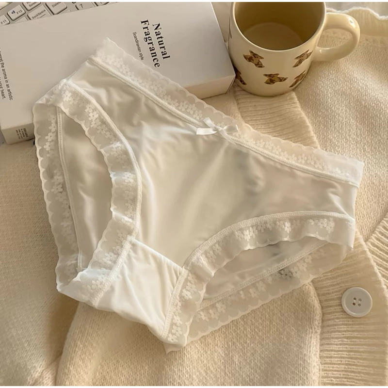 CAI-V34-S2 White Ruffle Trim Bow Detail Underwear Briefs - Image 1
